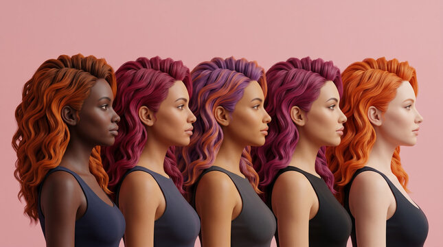 Profile view of five diverse women with vibrant colorful hair standing in a line.