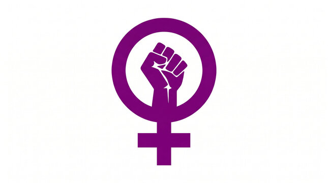 Purple feminism symbol with a raised fist representing female empowerment and rights.