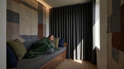 Fototapeta premium Domestic quiet alcove with blackout drapery and solitary resting resident