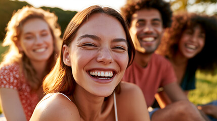 Fototapeta premium Friends laughing during summer picnic, warm golden sunlight, joyful reunion moment, emotional connection, happiness, positive energy, wellbeing, outdoor lifestyle.