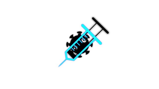 A simple white and black coronavirus immunization concept, showing a needle covering up a virus