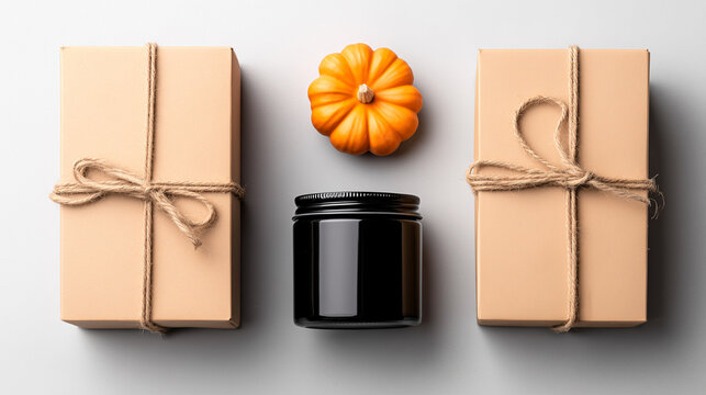 Halloween order packaging flat lay with kraft gift boxes tied with twine, scented candle jar, small pumpkin decor, cozy autumn ecommerce branding concept on minimal grey background.