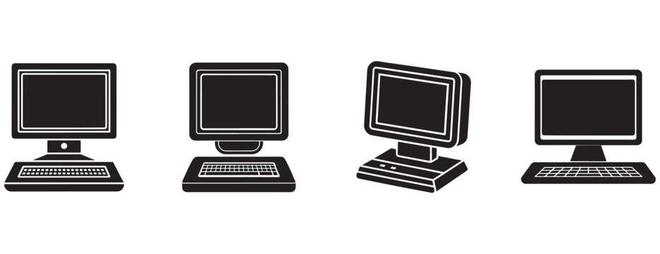 computer desktop systems with monitors and keyboards in different designs and angles for business technology concepts  office workspace setup