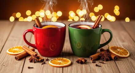 Fototapeta premium Two ceramic mugs filled with steaming hot mulled wine sit on a rustic wooden table, surrounded by twinkling golden bokeh lights and spices, star anise, comfort, rustic