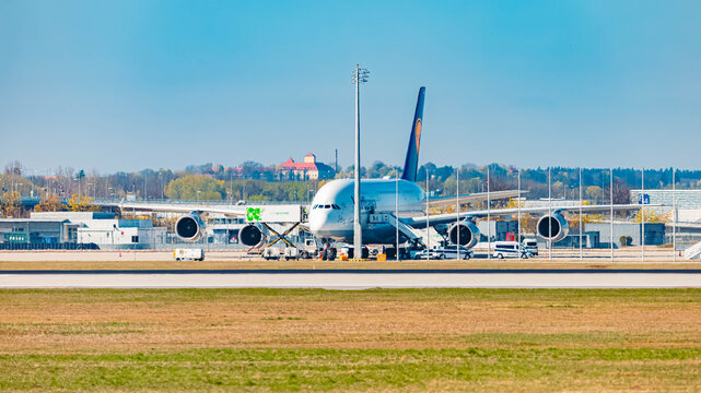 Lufthansa A380 passenger jet airplane on a sunny spring day at Munich airport, MUC, Freising, Bavaria, Germany