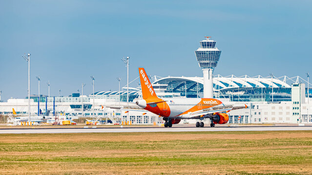 OE-LQZ easyJet Europe Airbus A319 passenger jet airplane on a sunny spring day at Munich airport, MUC, Freising, Bavaria, Germany