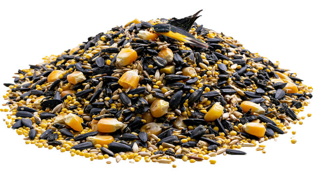 Bird seed mix with corn kernels and sunflower seeds, small bird on top