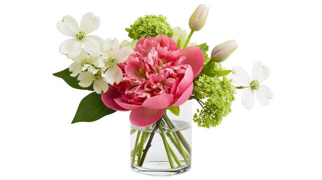 Pink peony and white dogwood flowers in glass vase