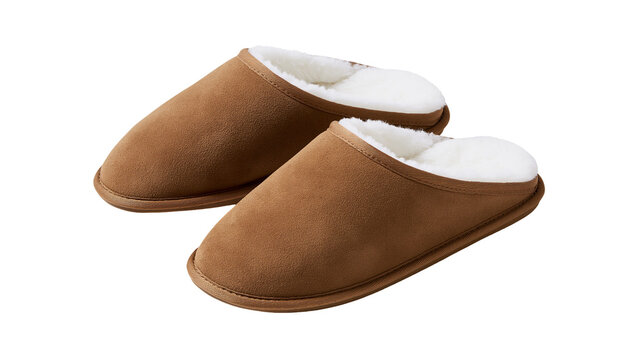 Brown suede slippers with white fluffy lining