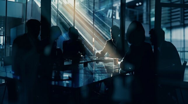 Corporate Business Team Meeting Silhouette in Modern Dark Office Glass Conference Room with Cinematic Light
