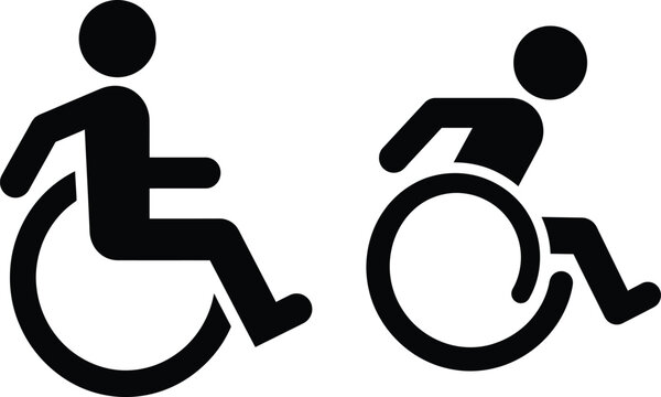 Two wheelchair icons, left showing a person sitting upright in a wheelchair, right depicting a person in a dynamic, forward-leaning posture ready for movement.