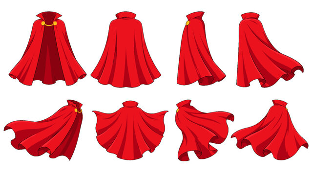 Set of flowing red cape illustrations in multiple views