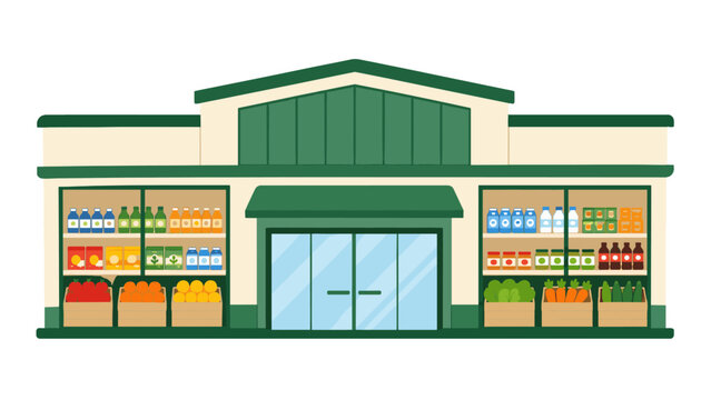 Flat vector grocery store facade with produce and shelves