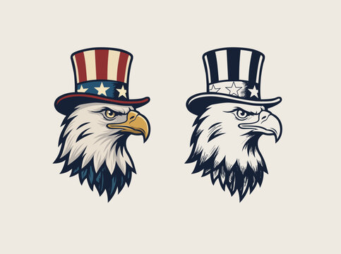 American Bald Eagle Portrait Dressed as Uncle Sam, United States Patriotic Symbol for 4th of July, 4th July Vector Set Color and Black White