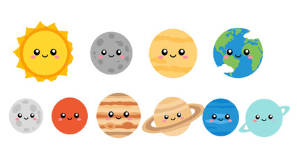 Cute cartoon sun, moon, Earth and planets vector set © Mark