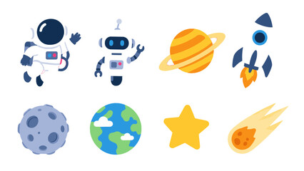 Cute space icon set with astronaut robot planet and rocket © Mark