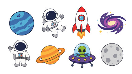 Cute cartoon space icons set with planets astronaut and rocket © Mark
