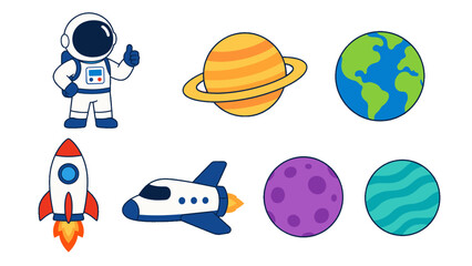 Cute space icon set with astronaut planets and rockets © Mark
