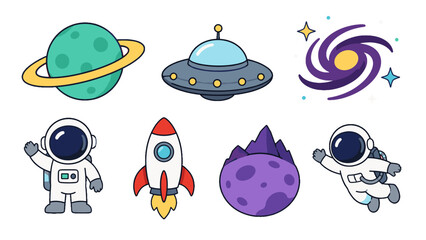 Cute space icon set with planet rocket astronaut and galaxy © Mark