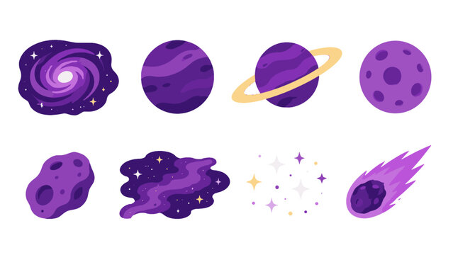 Purple space elements set with planets galaxy asteroid and comet