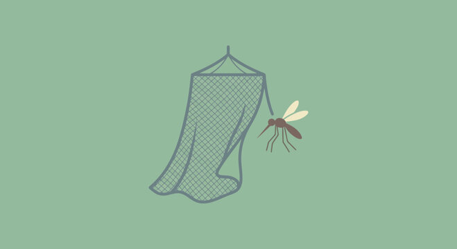 Minimalist Illustration of a Mosquito Flying Near a Bed Netting
