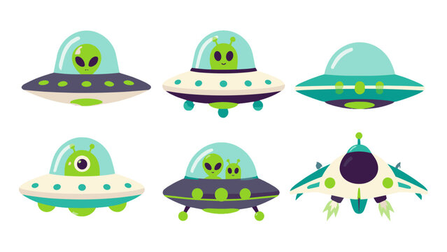 Set of cartoon alien spaceships in colorful flat vector style