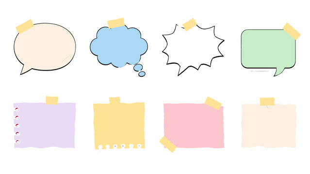 Set of pastel speech bubbles and torn paper note stickers
