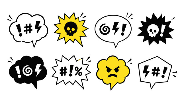 Comic speech bubble set with angry symbols and skull icons