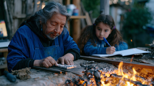 Mapuche silversmith grandmother pressing traditional geometric mold into molten silver beside community forge, granddaughter recording the process on notebook, the knowledge transmission happening i