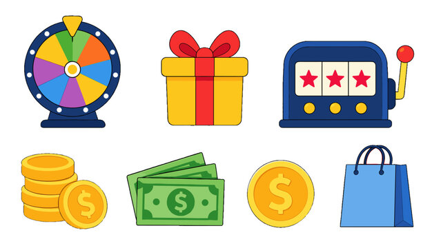 Colorful casino and shopping icon set in flat vector style
