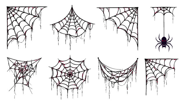 Set of dripping spider web corner and hanging web vector elements