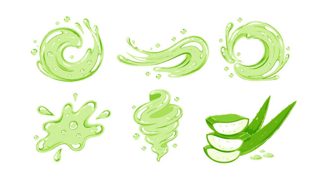 Set of green aloe gel splashes and sliced aloe leaves