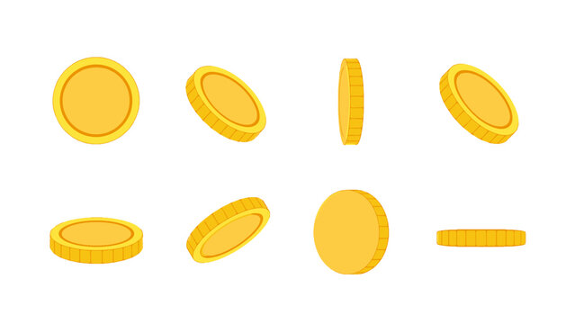 Set of gold coin icons in multiple angles on white background