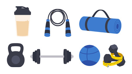 Set of fitness equipment icons with bottle rope mat weights © Mark