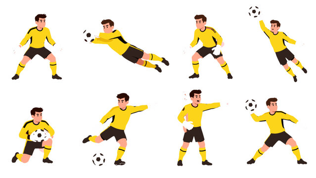 Soccer goalkeeper poses set in yellow uniform vector illustration