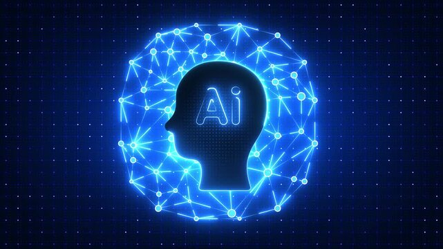 Animated AI text inside human head silhouette with neon glowing plexus sphere. Artificial intelligence neural network loop on dark blue