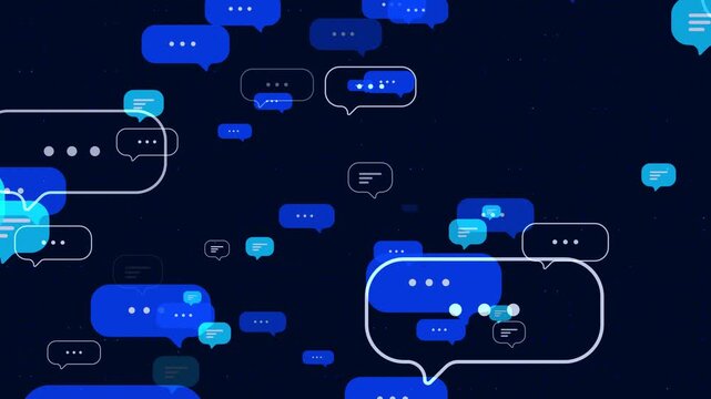 Animated speech bubbles flying forward and filling the screen. Flat and line art chat text clouds transition on black