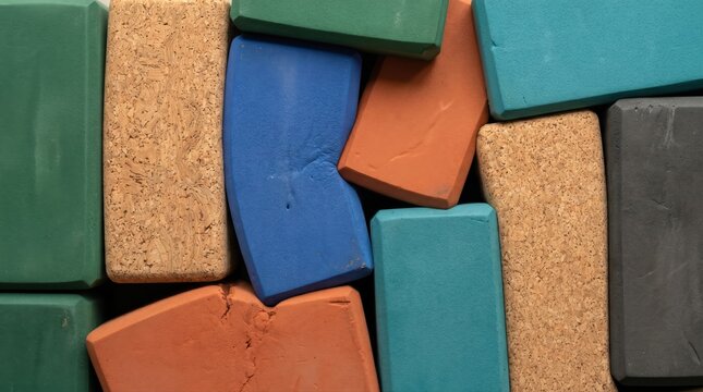 Colorful yoga blocks arranged in a geometric pattern of cork and foam textures to represent fitness equipment diversity and wellness practice concepts for healthy living