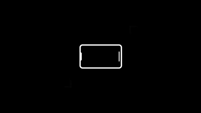 Animated line art smartphone rotating from vertical to horizontal mode. Screen rotation request icon loop on black
