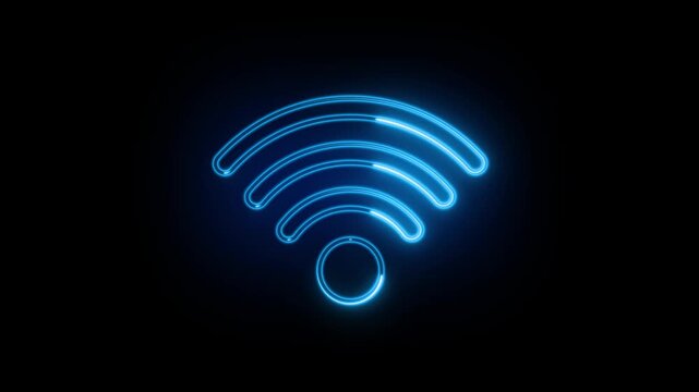 Animated neon  Wi-Fi icon with moving glowing lines. Seamless wireless internet connection signal loop on black