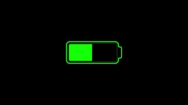 Animated battery icon charging from empty red to full green level. Flat electric power accumulator energy growth on black