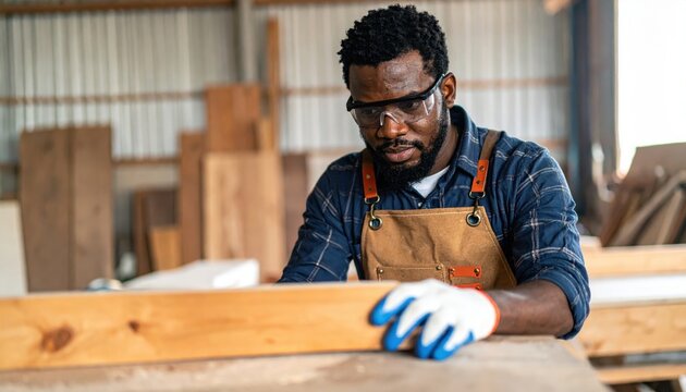 Smiling man carpenter working on laptop in a wooden workshop surrounded by tools and wood, representing DIY carpentry craft and construction work