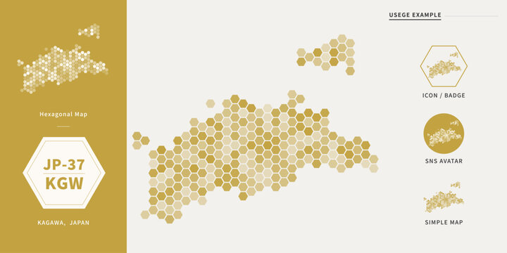香川県の形状を黄色い六角形で表現した幾何学的なデジタルマップ