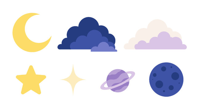 Cute night sky icon set with moon clouds stars and planets