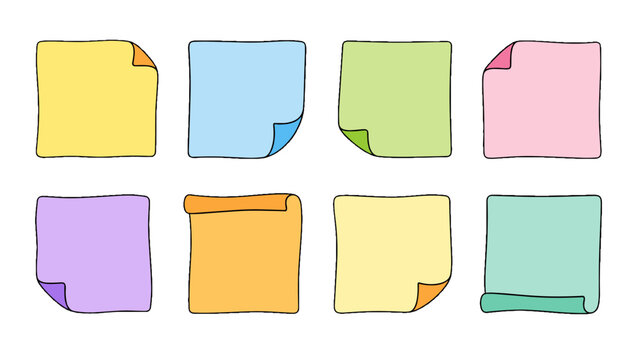 Set of colorful hand drawn sticky note squares on white