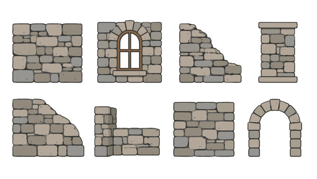 Set of stone wall and arch construction elements vector