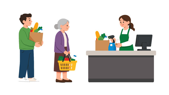 Customers with groceries at supermarket checkout counter