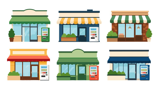 Set of colorful storefront facades with awnings and vending machines