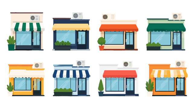 Set of storefront facades with colorful awnings and windows