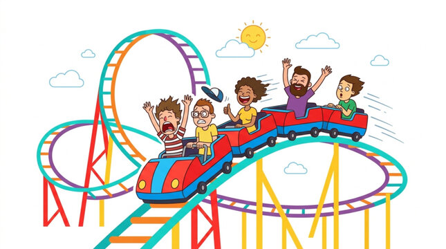 A diverse group of people with raised arms joyfully riding a colorful roller coaster with loops and curves against a bright sky with clouds